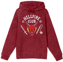 Stranger Things Hellfire Club Men's Red Mineral Wash Long Sleeve Hooded Sweatshirt