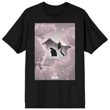 Godzilla Classic Monster Silhouette and Cherry Blossoms Across Mt. Fuji Adult Black Short Sleeve Tee